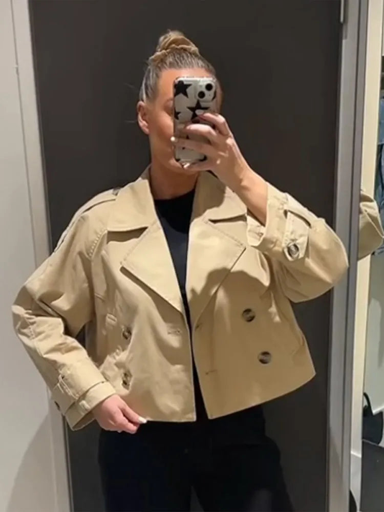 Aiertu  -  Fashion Denim Lapel Short Jacket For Women Chic Double Breasted Cropped Jackets Female 2025 Spring New Long Sleeve Street Tops Aiertu