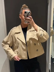 Aiertu  -  Fashion Denim Lapel Short Jacket For Women Chic Double Breasted Cropped Jackets Female 2025 Spring New Long Sleeve Street Tops Aiertu