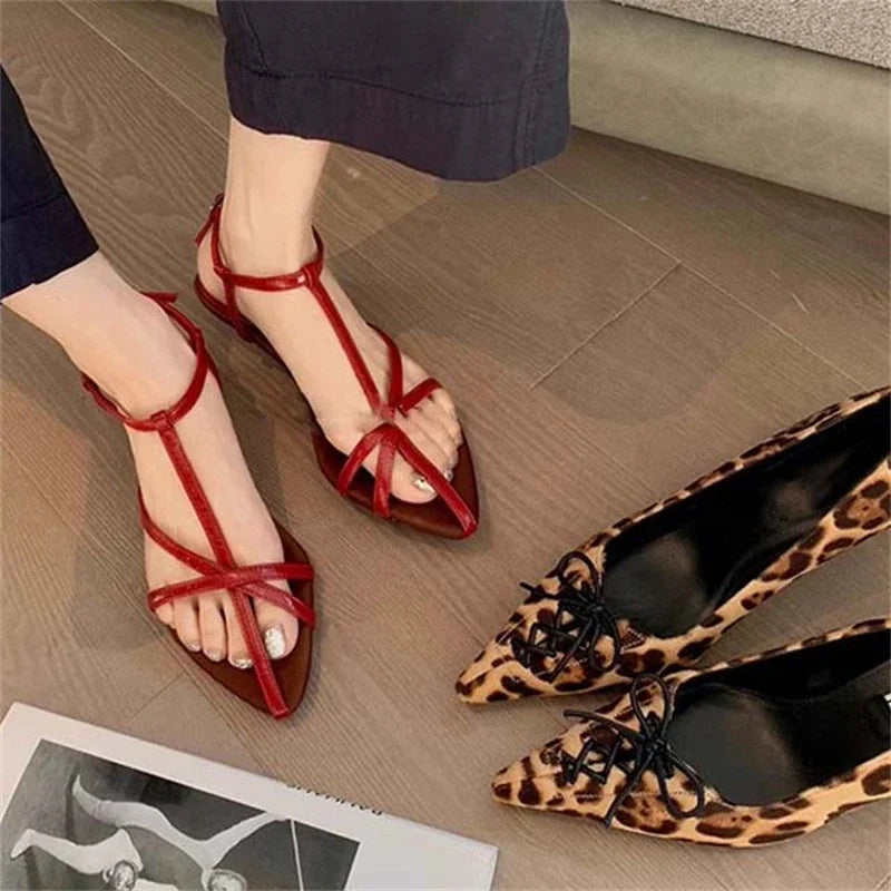 Aiertu  -   2025 Summer Womens Sandals  Fashion Pointed Toe Buckle Strap Narrow Band Low Heels Shoes Zapatos Mujer Aiertu