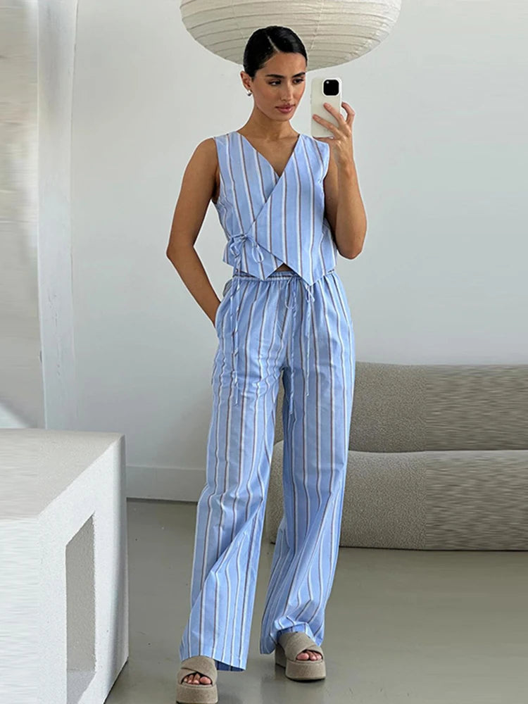 Aiertu  -  Fashion Striped Long Pants Set Lady V-neck Sleeveless Cross Lace Up Vest Top Loose Straight Trousers 2 Piece Sets Women Outfit Aiertu