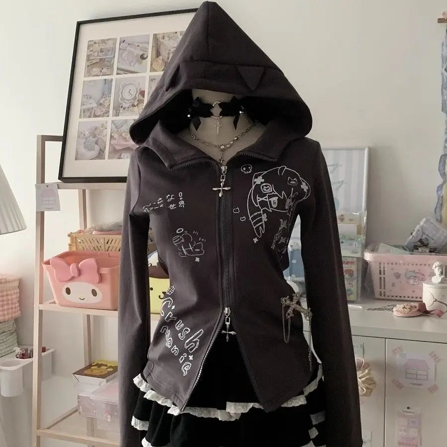 Aiertu  -  Japanese Print Pattern Cute Slim Fit Zip Up Hoodies Versatile Retro Y2K Fashion Long-sleeved Tops Jacket  Harajuku Sweatshirt Aiertu