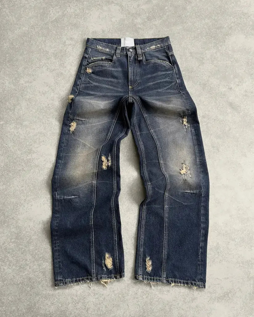 Aiertu  -  Hip-hop Retro Blue Spliced Harajuku Straight Jeans Men's Y2k Loose High-waisted Washed Casual Wide-leg Pants for Couples Aiertu