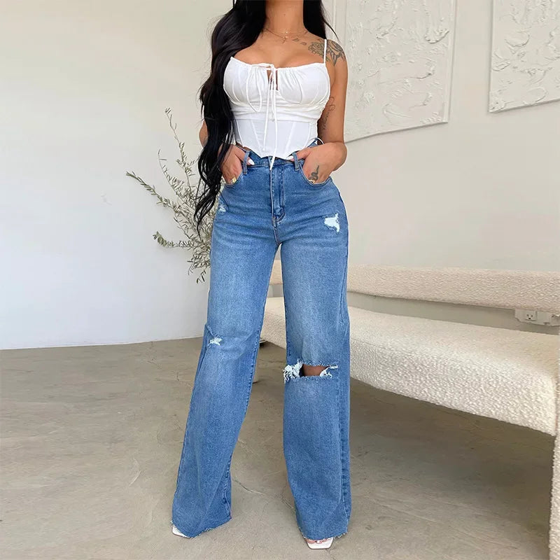 Aiertu  -  Women's Denim Pants 2026 Summer Fashion High Waisted Handmade Frayed Edge Wide Leg Pants Streetwear Ripped Baggy Jeans Aiertu
