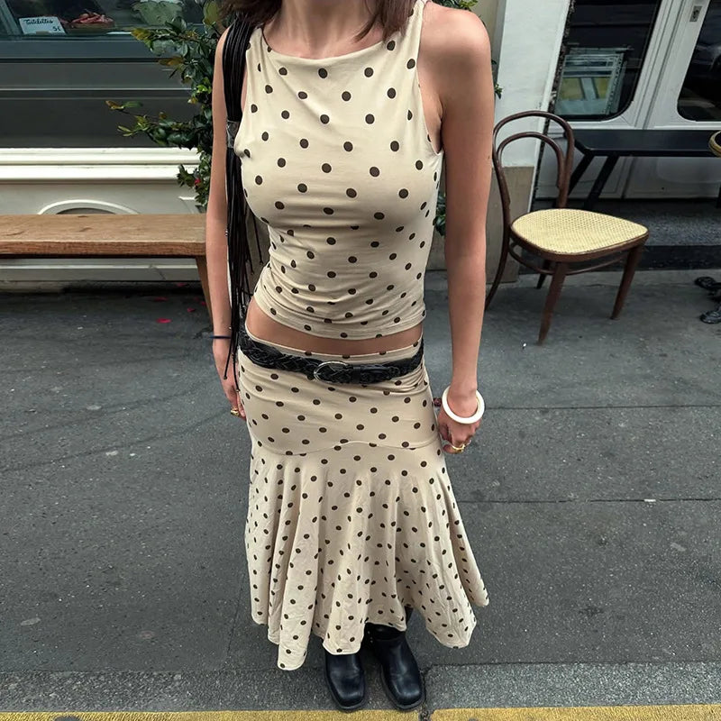 Aiertu  -  Polka Dot Print Two Piece Set Sleeveless Top and Long Skirt Elegant Fashion Matching Sets Woman Summer Outfit P85-DZ42 Aiertu
