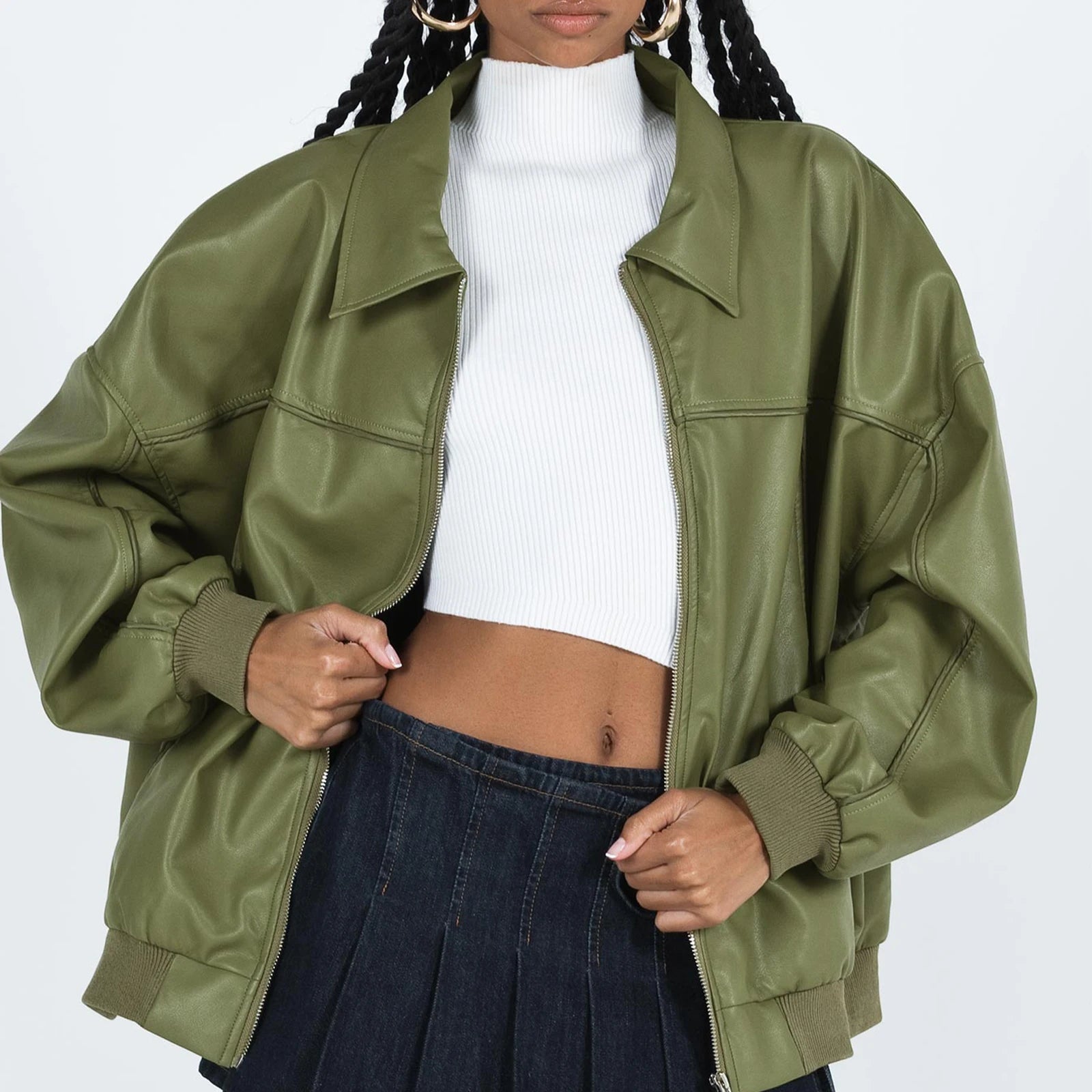 Aiertu  -  Women Y2k Oversized Faux Leather Jackets Lapel Collar Zip Up Motorcycle Coats Fall Fashion Leather Bomber Jacket Aiertu