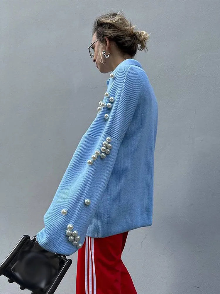 Aiertu  -  Chic Blue Pearls Decor Lapel V Neck Knitted Pullover Women Elegant Flare Long Sleeve Casual Sweater 2026 Lady New Loose Knitwear Aiertu