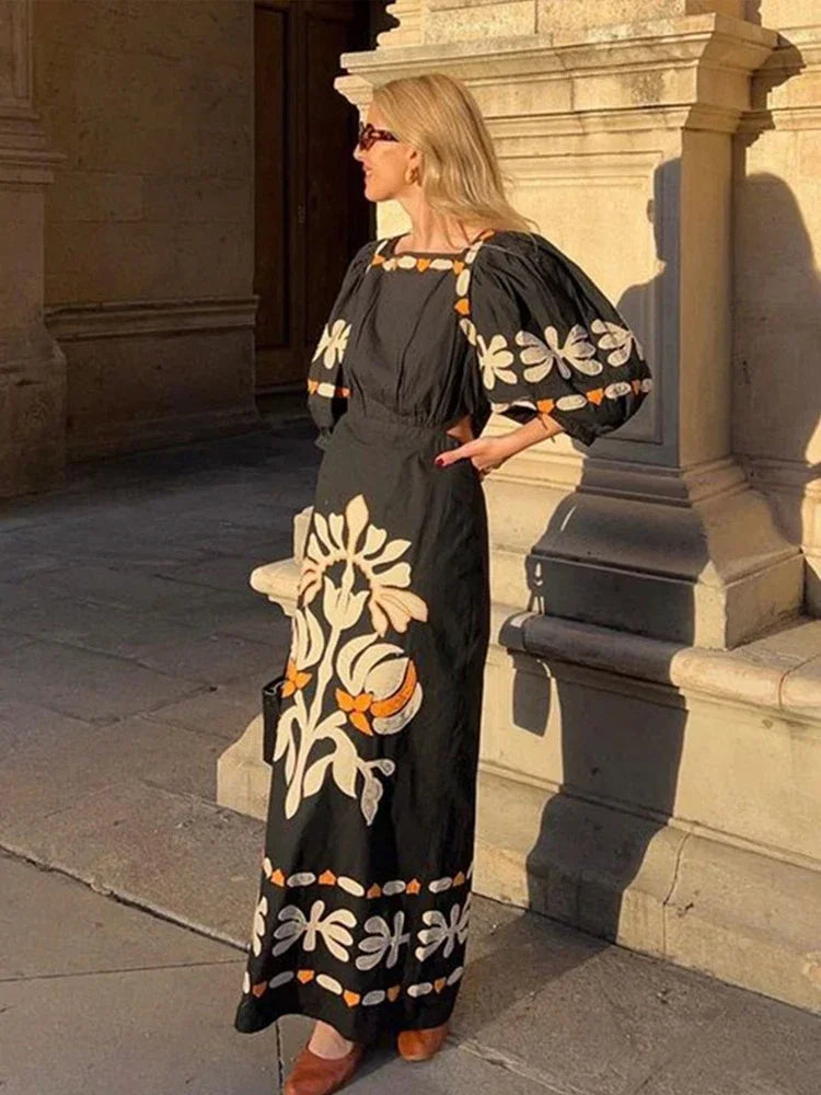 Aiertu  -  Women's Elegant Printed Long Dress Lantern Short Sleeve Loose Female Dresses Casual Square Collar Holiday Lady Robe Summer 2026 Aiertu