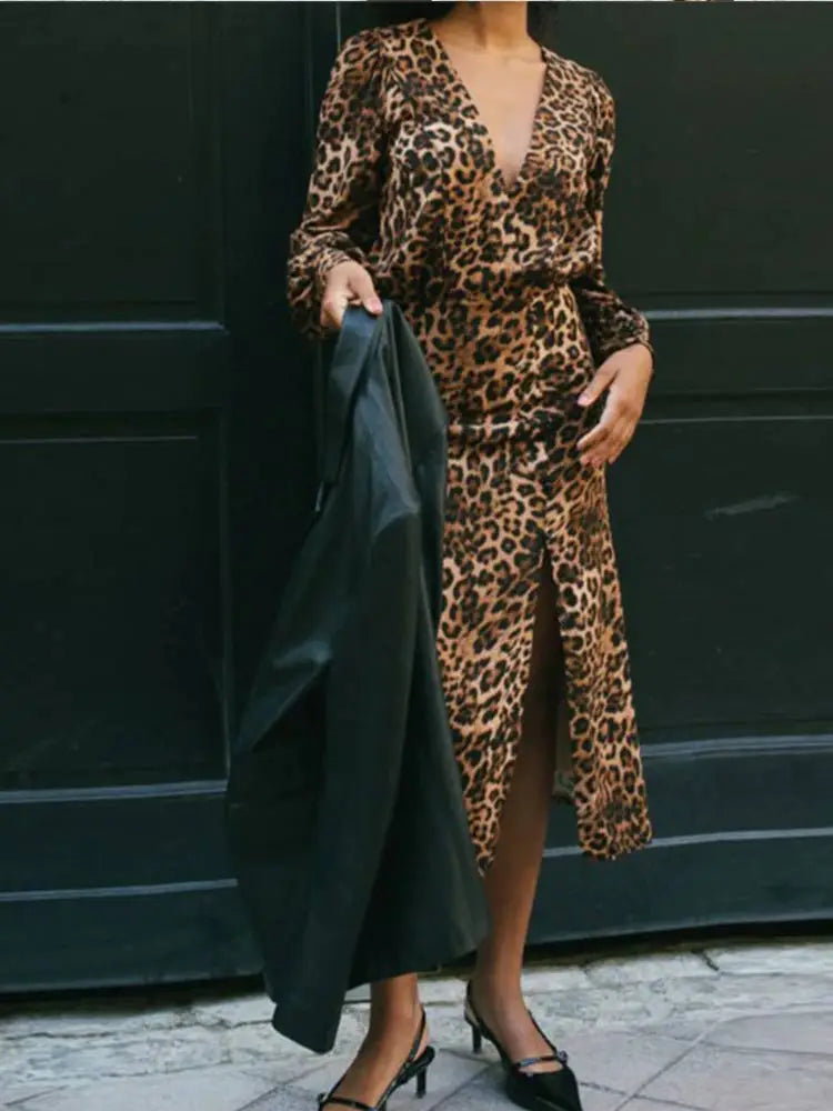 Aiertu  -  Fashion Leopard Print Long Sleeve Dress For Women V-neck Side Split Casual Loose Dresses 2026 New Lady High Street Vestidos Aiertu