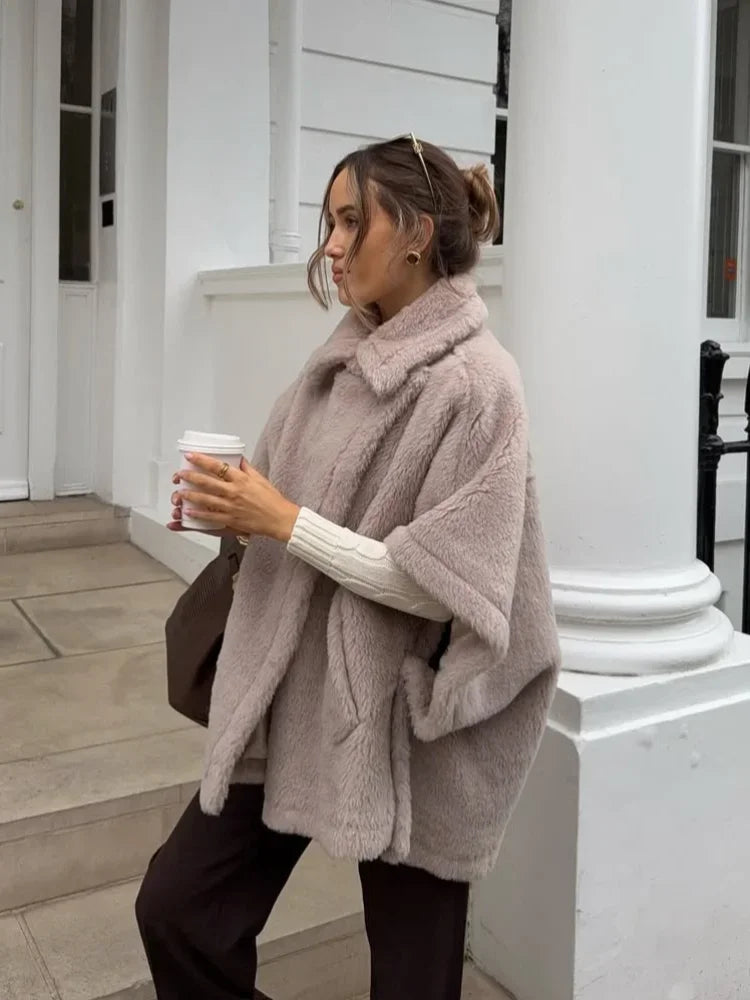 Aiertu  -  Women Grey Loose Half Sleeve Fluffy Faux Fur Coat Fashion Casual Winter Warm Soft Plush Jacket New Lady High Street Outerwear Aiertu