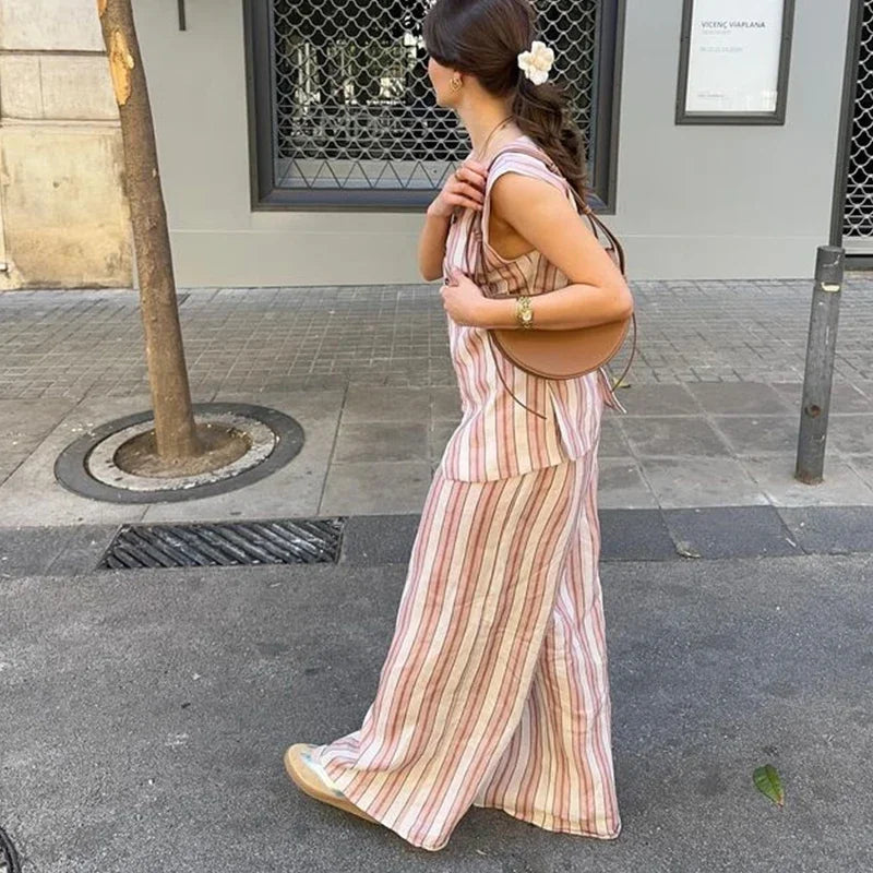 Aiertu  -  Elegant Striped Print Vest Pants Set Women Asymmetric Single Breasted Tops Wide Leg Trouser 2026 Summer Lady Casual Outfits Aiertu