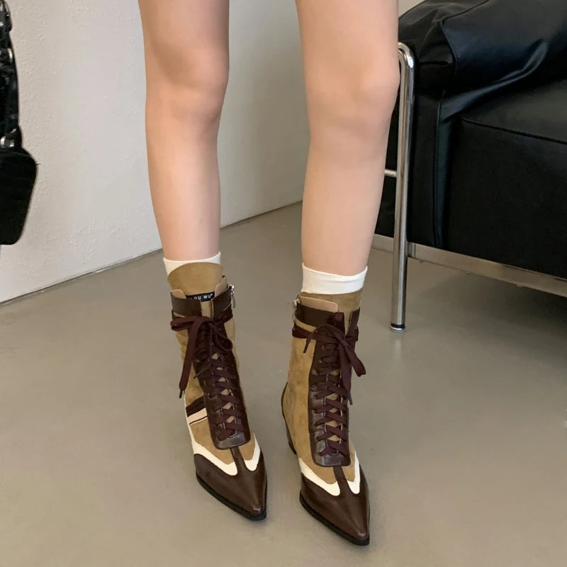 Aiertu    -  Black And White Boots Women Pointed Toe Lace Up Sports Style Wedges Shoe Fall Mid-calf Boots Comfort High Heels New Arrivals Aiertu