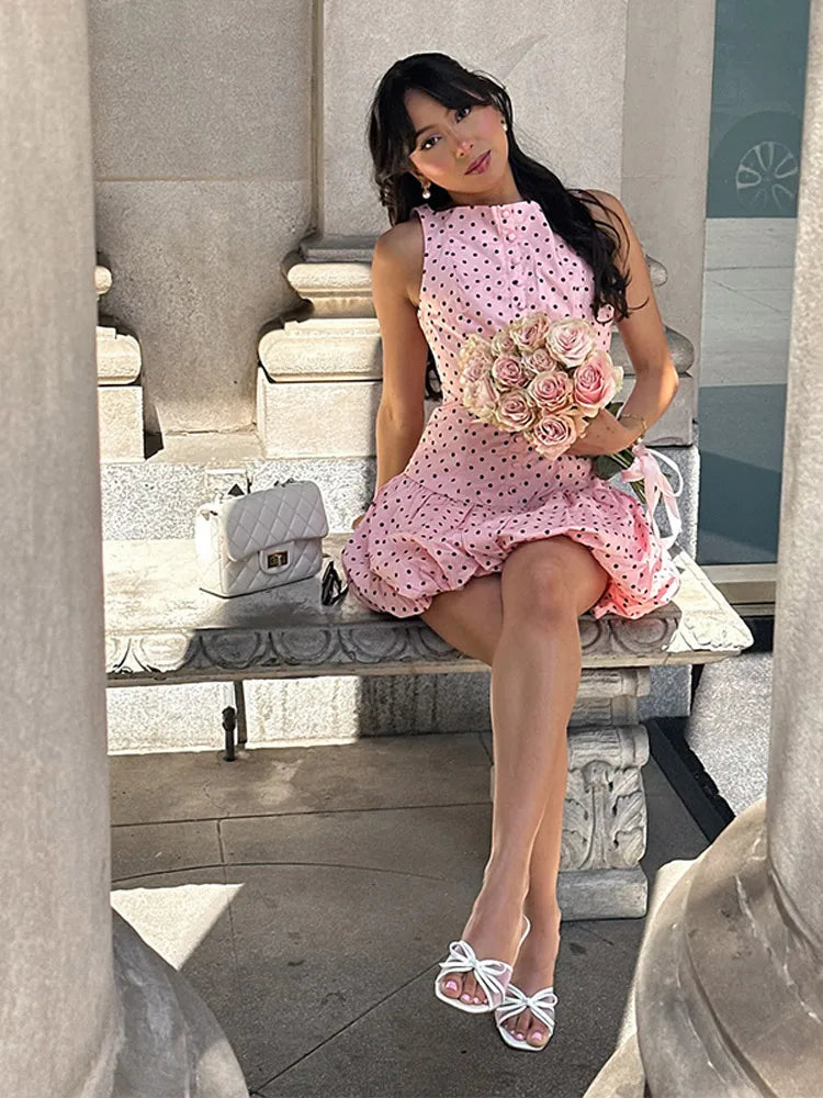 Aiertu  -  Women's Pink Polka Dot Summer Dress 2026 Fashion Puff Hem High Waist Gowns Chic Streetwear Lady Vestidos With Boat Neck Buttons Aiertu