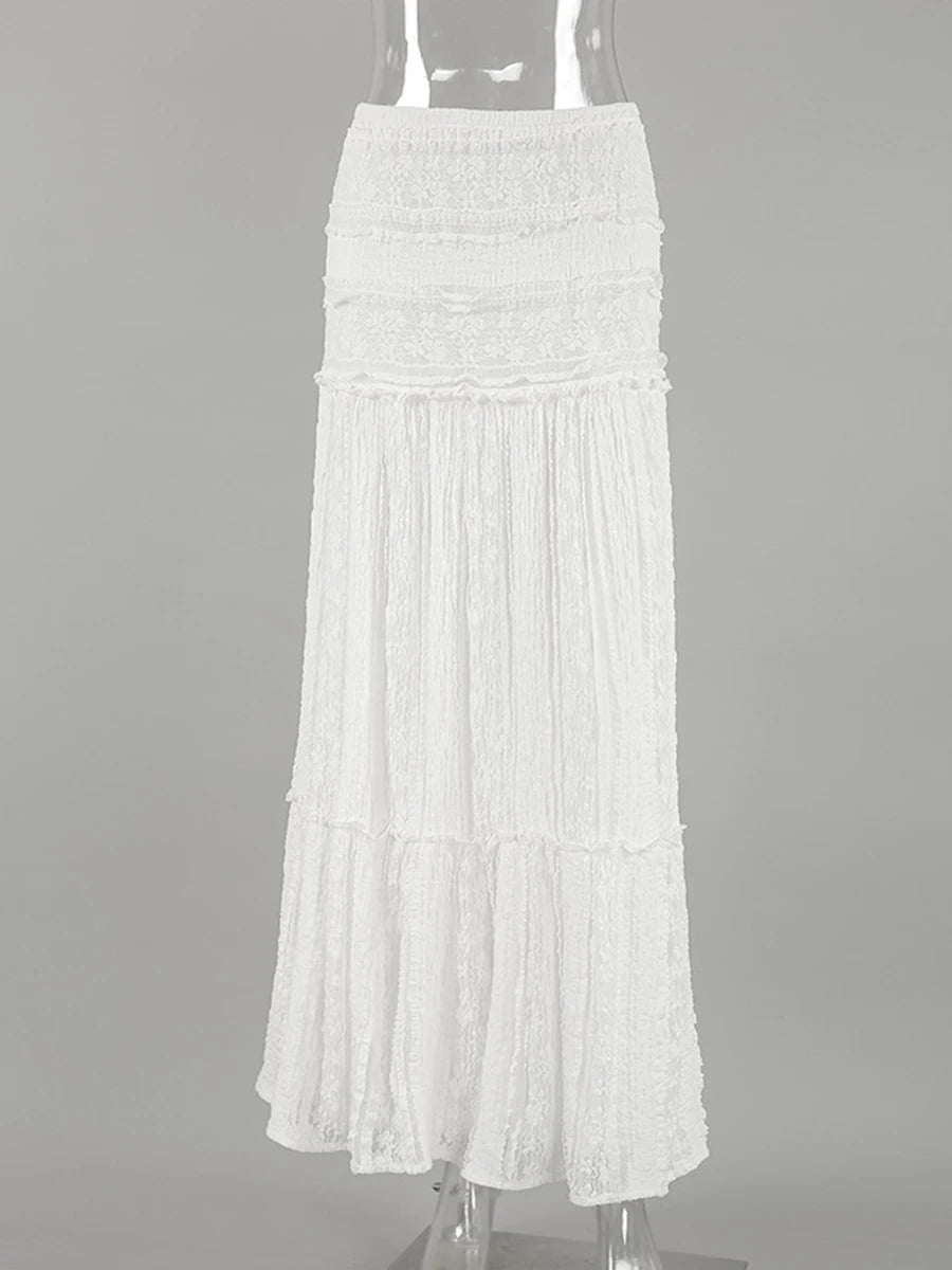 Aiertu  -  New Lace Patchwork White Long Skirt Women High Elastic Waist Textured A-line Maxi Skirts Summer Casual Fashion Holiday Faldas Aiertu