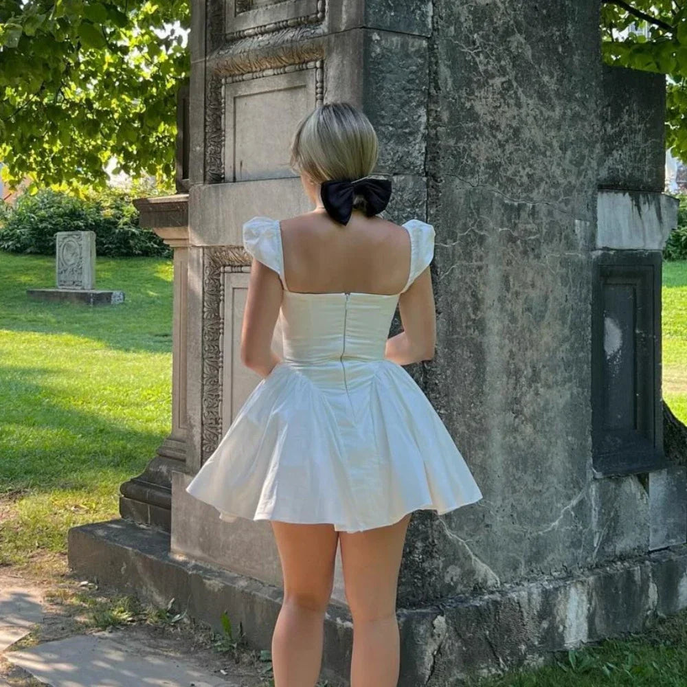 Aiertu  White Sexy Party Dresses  New Arrivals V Neck Cape Sleeve Dress Mini Casual Birthday Fluffy Skirt Dress Aiertu