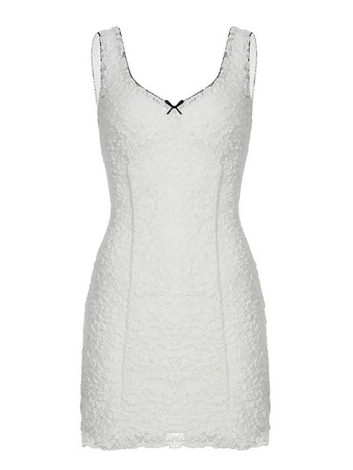 Aiertu  -Contrast Lace Trim V-Neck Bow Double-Layer Dress aiertu