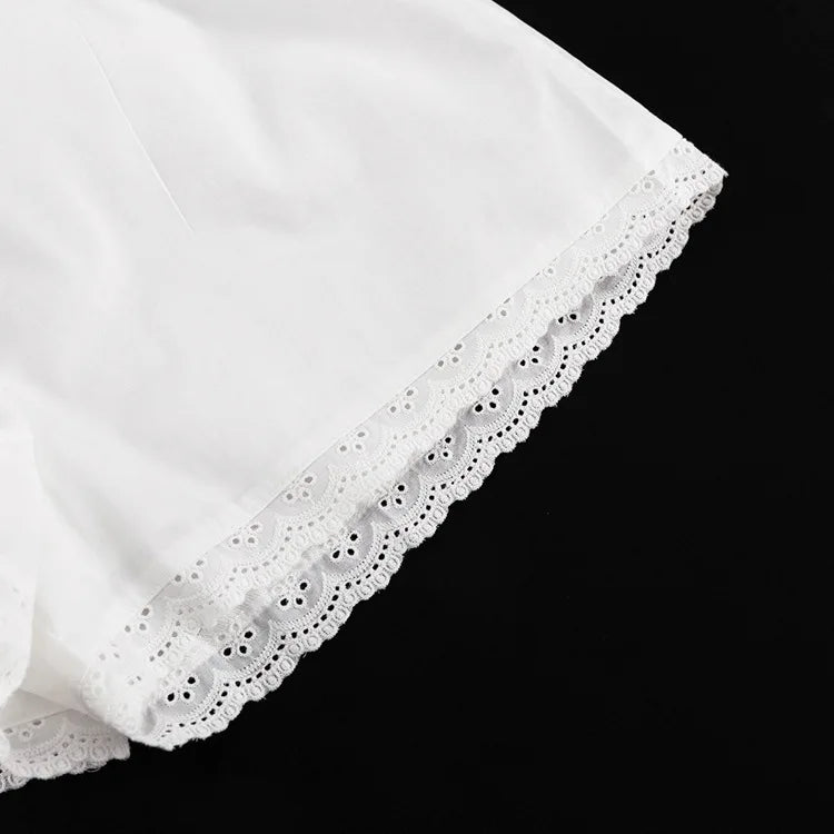 Aiertu  -  White Lace Trim Shorts Two-piece Set Women Summer Sleeveless Loose Tank Top+Elastic Waist Shorts Simple Casual Home Cozy Sets Aiertu