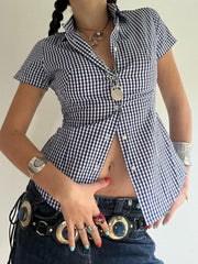 Aiertu - summer inspo Hot American Retro Casual Short Sleeve Plaid Shirts For Women Button Up Turn Down Collar Summer Spring Preppy Tops Aiertu