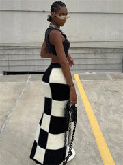 Aiertu  -  Classic Women Skirts Checkerboard Knit Side Split Skinny Vintage Fashion Wild Streetwear High Waist Maxi Straight Skirt Aiertu