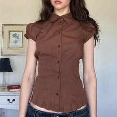 Aiertu  -  Fashion Chic Brown Summer Shirts Female Folds Slim-Waist Vintage Y2K Top Buttons Pleated Blouse Cropped Clothes Aiertu