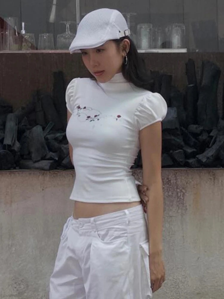 Aiertu  Streetwear Summer Half High Collar Women's Tops Vintage Flower Printing Harajuku T-shirts Y2k Aesthetic Puff Sleeve Grunge Tees Aiertu