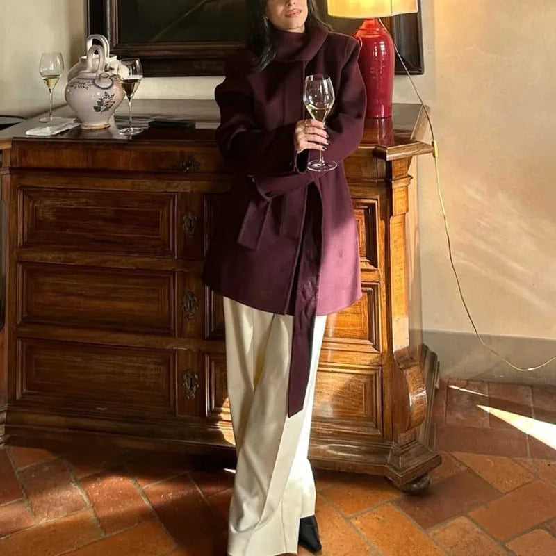 Aiertu  -  Elegant Burgundy Belt Stand Collar Jacket Women Fashion Long Sleeve Button Wool Blend Coats Chic High Street Lady Long Outwears Aiertu