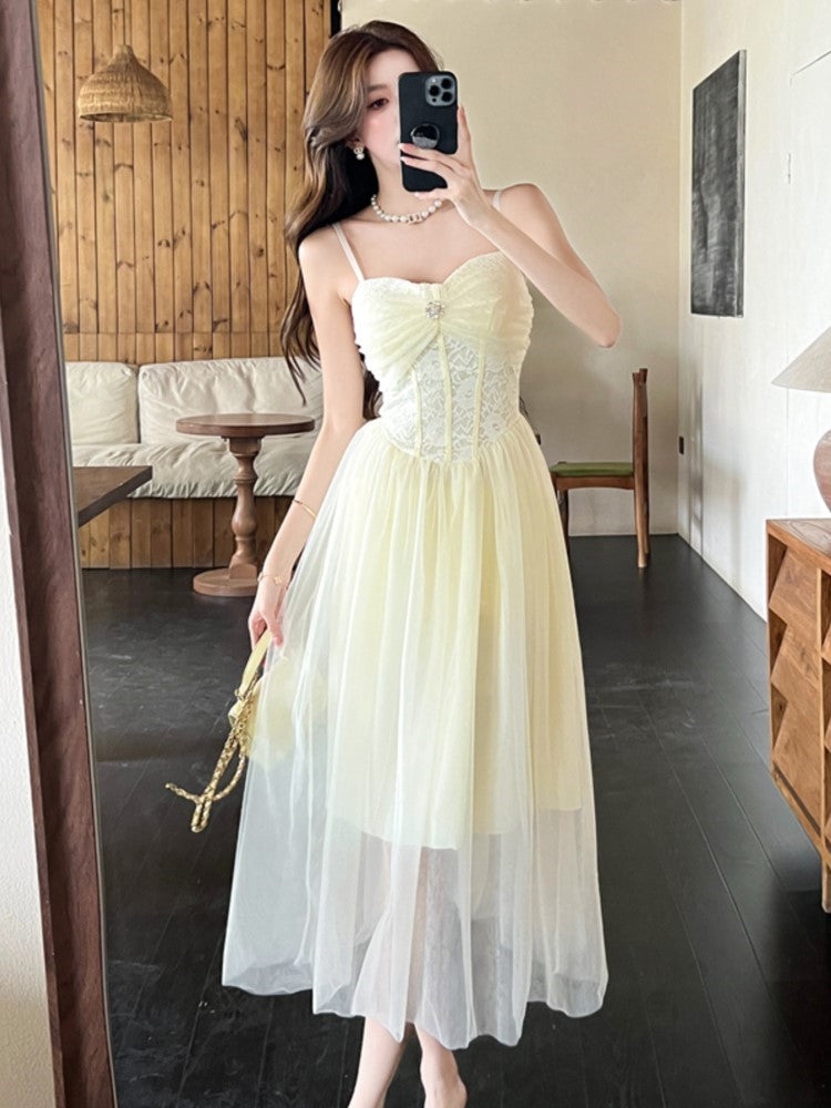 Aiertu  Women Summer Elegant Lace Mesh Slimming Sleeveless Princess Suspender Dresses Holiday Beach Sundress Evening Party Wedding Dress Aiertu
