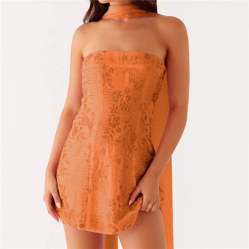 Aiertu  -  Women Sequin Strapless Mini Dress with Scarf Y2K Rhinestone Sleeveless Off Shoulder Dress Sexy Backless Club Party Dress Aiertu
