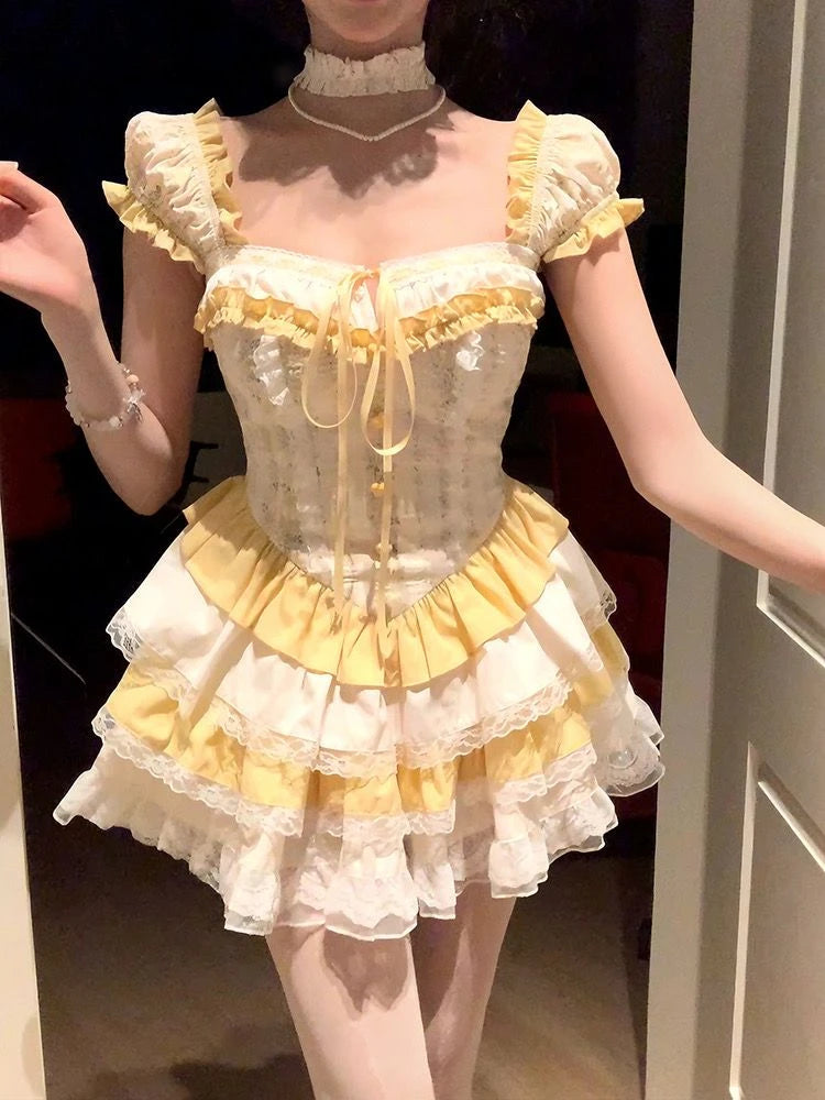 Aiertu  -  Elegant Sweet 2 Piece Skirt Sets Female Lace Pleated Y2k Crop Top + Cute Mini Cake Skirts Japanese Lolita Vintage Suits Summer Aiertu