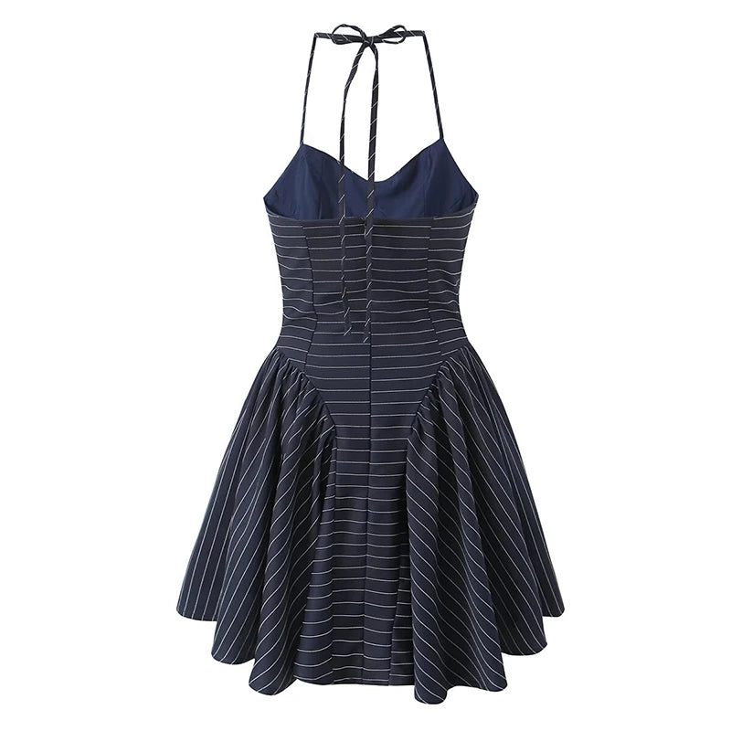 Aiertu  -  Sexy Elegant Women Navy Blue Striped Halter Mini Dress Summer Female Backless Low Waist A-line Party Dresses High Street Robe Aiertu