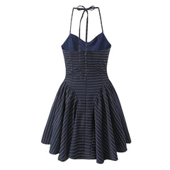 Aiertu  -  Sexy Elegant Women Navy Blue Striped Halter Mini Dress Summer Female Backless Low Waist A-line Party Dresses High Street Robe Aiertu