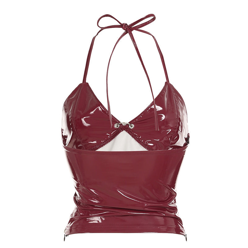 Aiertu - summer inspo Christmas Solid Metal Button Women’s Halter Tops Sleeveless Pu Leather Punk Baddie Slim Women Blouses Streetwear Clothing Aiertu