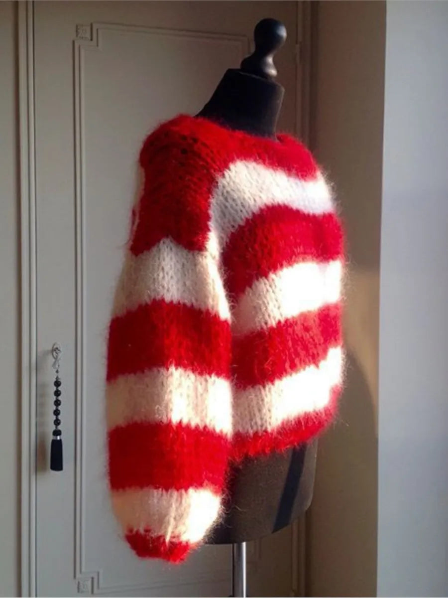 Aiertu  Red Striped Mohair Pullover Sweater Women Scoop Neck Lantern Sleeve Knitted Sweaters Autumn Winter New Casual Fashion Jumpers Aiertu