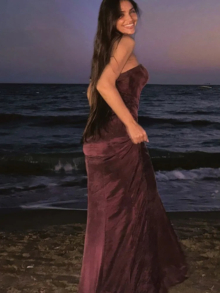 Aiertu  -  Red Wine Valet Strapless Mermaid Maxi Dress For Women Sexy Strapless Backless Wrap Waist Robe Elegant Club Party Vestidos 2026 Aiertu
