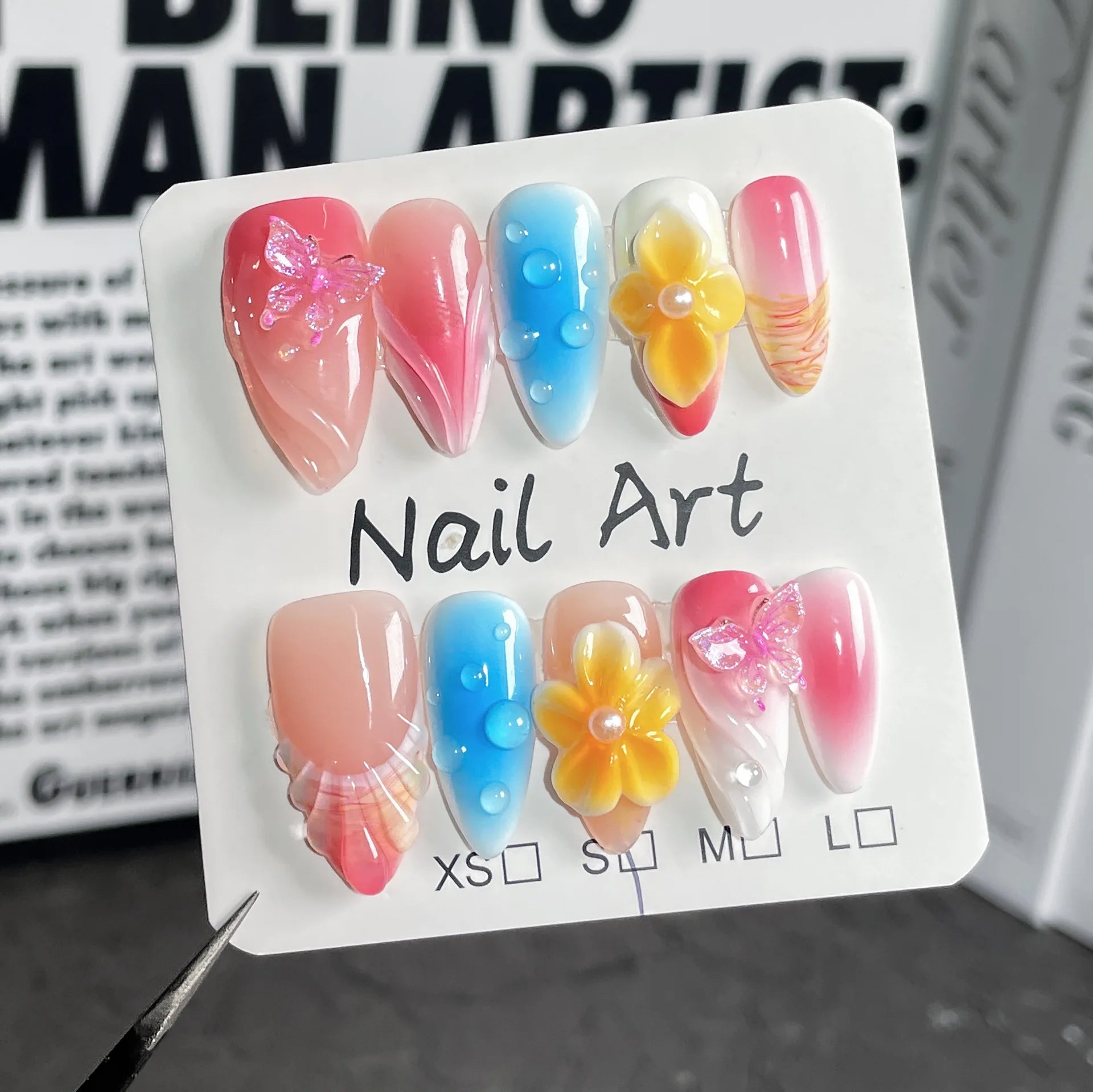 Aiertu  -  10pcs Almond Handmade False Nail Art Butterfly Flower Design Press on Fake Nails Tips Wearable French Colorful Mid-length Nails Aiertu