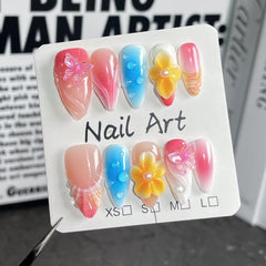 Aiertu  -  10pcs Almond Handmade False Nail Art Butterfly Flower Design Press on Fake Nails Tips Wearable French Colorful Mid-length Nails Aiertu