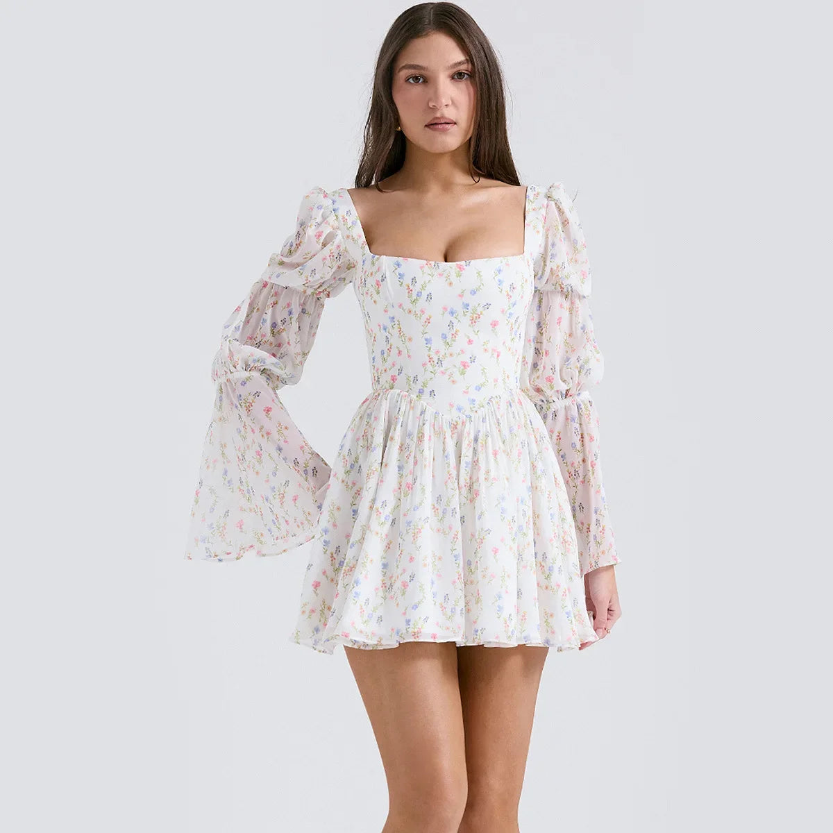Aiertu  -  Summer Holiday Dress 2026 Square Neck Lantern Sleeve Chiffon Dress Casual Birthday Party Dresses Women's Clothing Aiertu