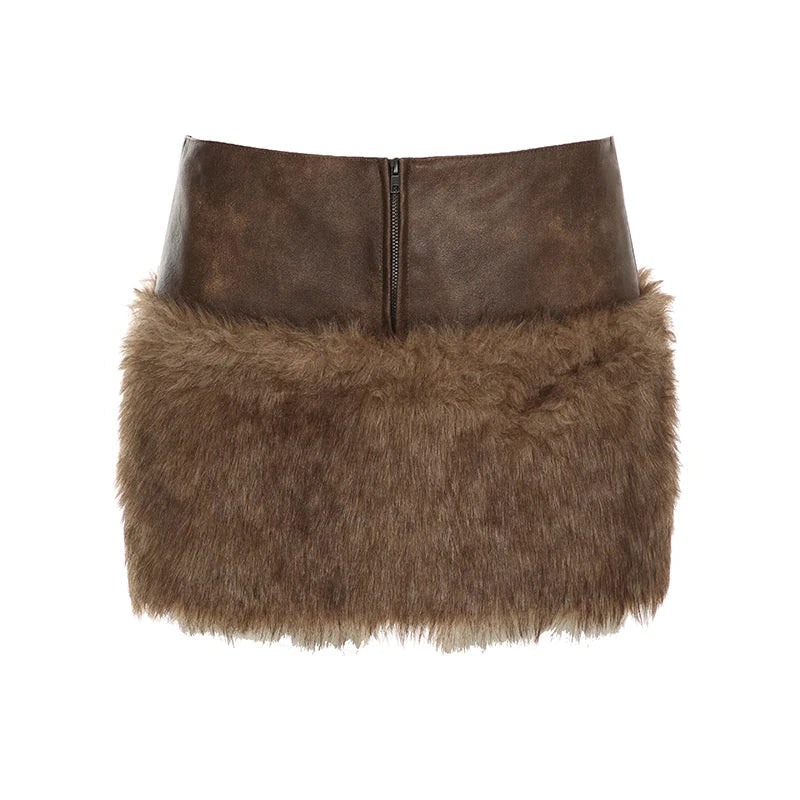 Aiertu  -   party look snspos Women Faux Leather Patchwork Furry Short Skirt Vintage Stylish High Street Mini Skirt Rave Outfits Lady Winter Aiertu