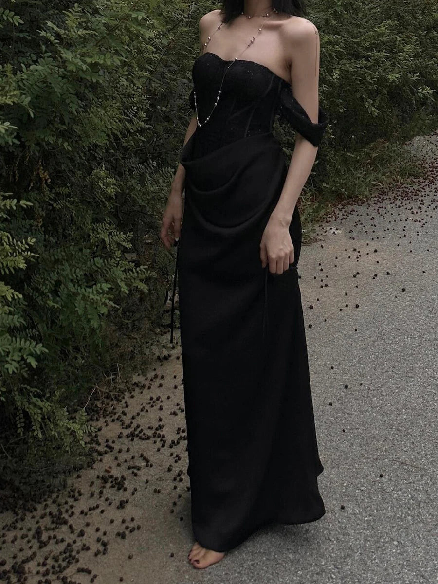 Aiertu  -  Formal Black Stitch Lace Satin Party Gown Women Maxi Boned Corset Sweetheart Mermaid Evening Dress Sexy Retro Clothes Aiertu