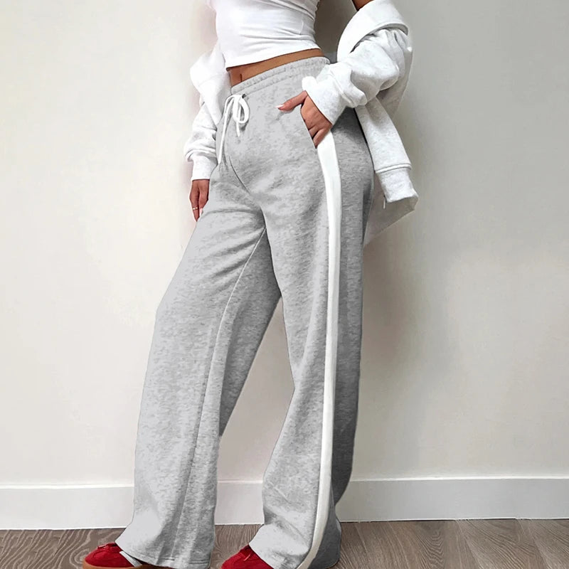 Aiertu  Streetwear Stripe Spliced Autumn Sweatpants Women Trousers Sporty Casual Elastic Waist Homewear Pants Straight Bottom Aiertu