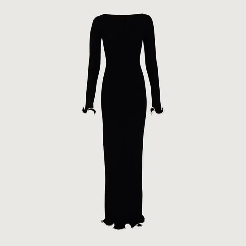 Aiertu  -  Backless Ruffled Knitted Long Dress For Women Contrast Color Flare Sleeve Autumn Sexy Bodycon Evening Party Sweater Dress Aiertu