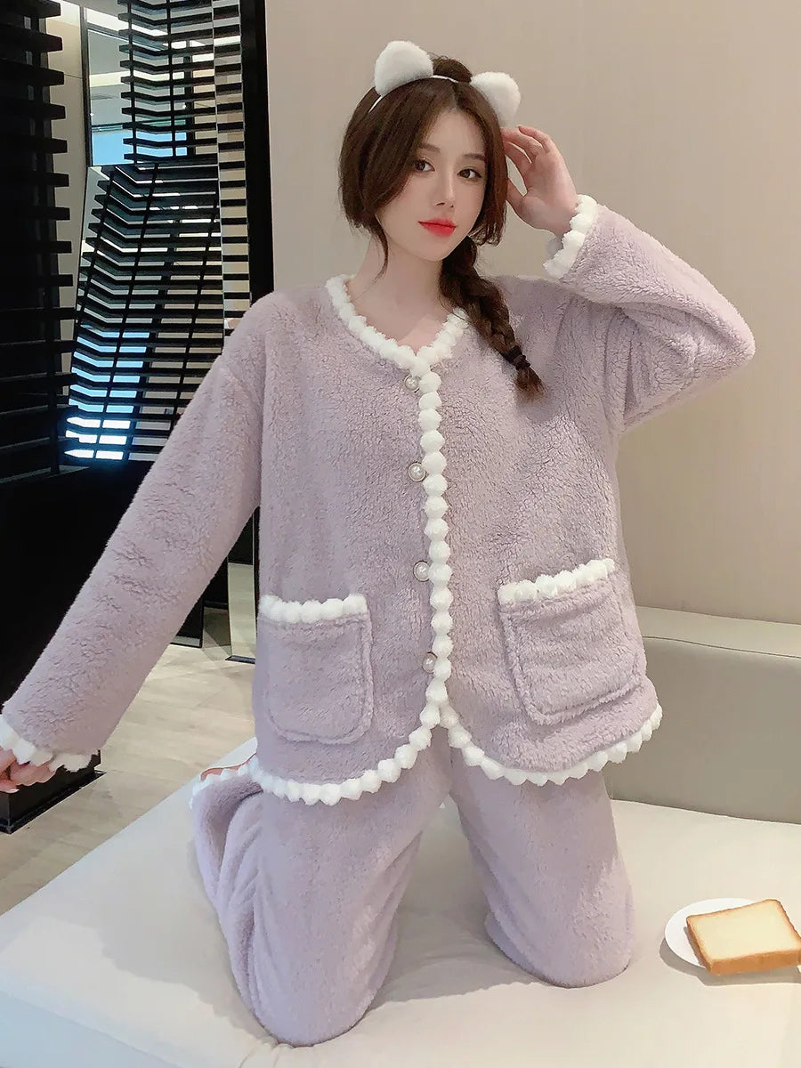Aiertu  -  Pajama Sets Women Nightwear Stylish Cozy Ins Ladies Sweet Popular Winter Warm Sleepwear Lounge Simple Lovely Harajuku Patchwork Aiertu