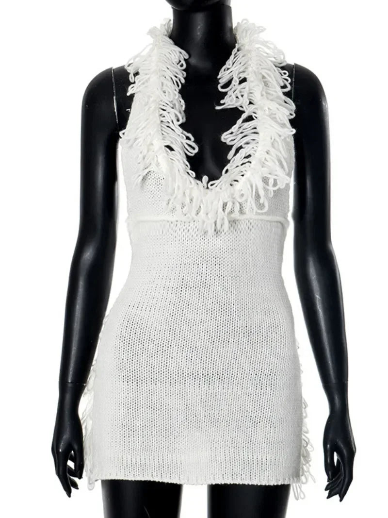 PICSGIRL - party look snspos Fashion Halter Knitted Mini Dresses for Women Lace-up Backless Tassel Sweater Dress Lace-up Sleeveless Beach Vacation Vestidos Aiertu
