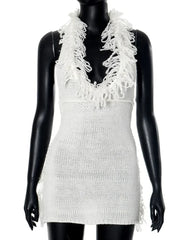 PICSGIRL - party look snspos Fashion Halter Knitted Mini Dresses for Women Lace-up Backless Tassel Sweater Dress Lace-up Sleeveless Beach Vacation Vestidos Aiertu