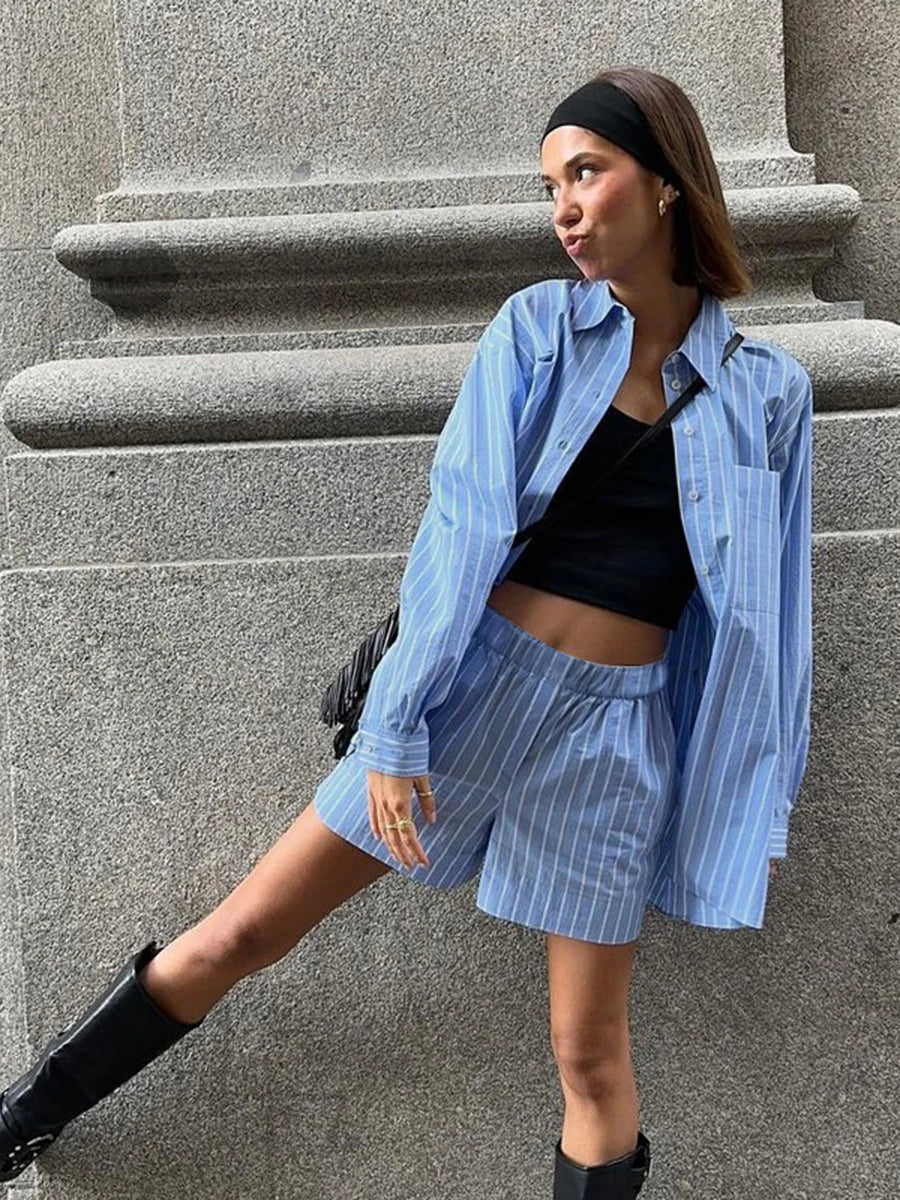 Aiertu  -  Blue Pocket Striped Shorts Sets Women Single Breasted Long Sleeve Blouse+Elastic Waist Casual Short Pant 2 Piece Set 2025 Spring Aiertu