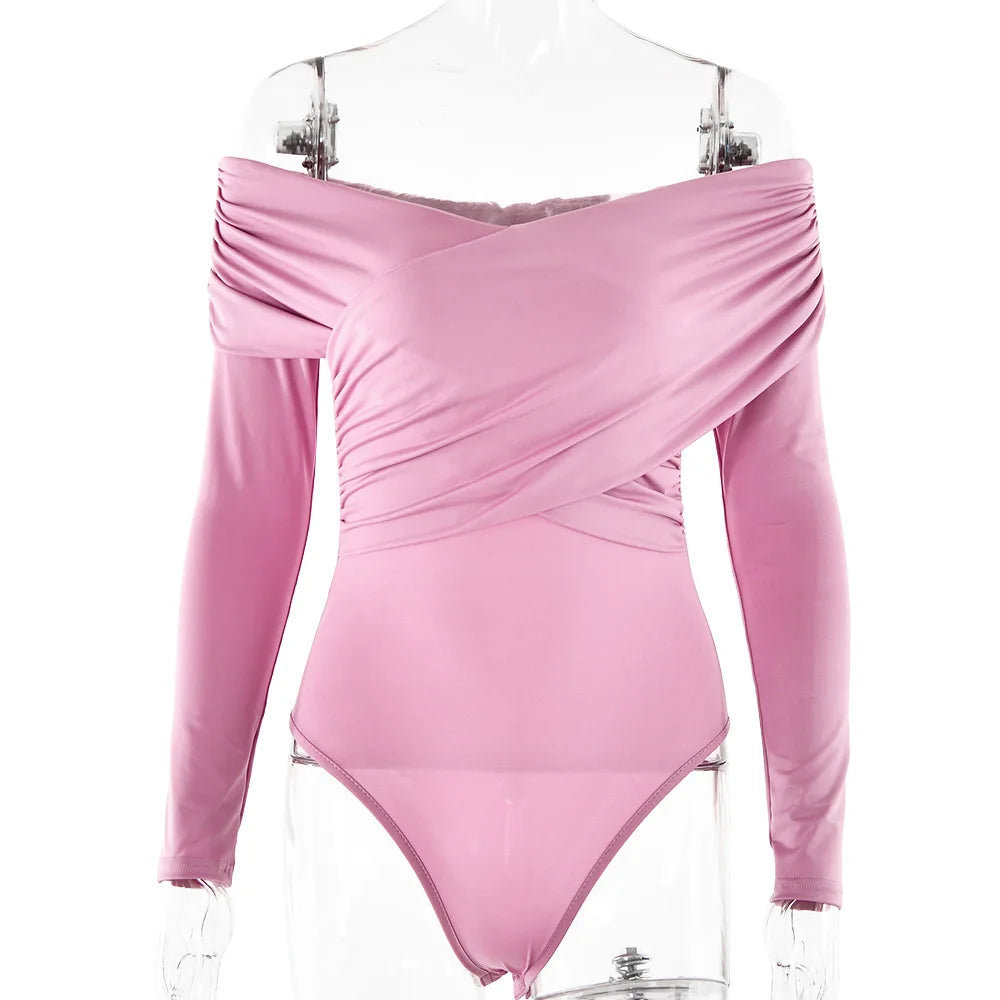 Aiertu  -  2026 Sexy V-neck Long Sleeve Bodysuits Fashion Autumn Off Shoulder One Piece T-shirts Streetwear Female Folds Pink Tops Jumpsuit Aiertu