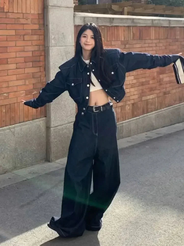 Aiertu  -  Sweet Hot Girl Retro Suit Women's Spring and Autumn Slim Fit Denim Short Shirt Loose Wide Leg Pants Two-piece Set Female Clothes Aiertu