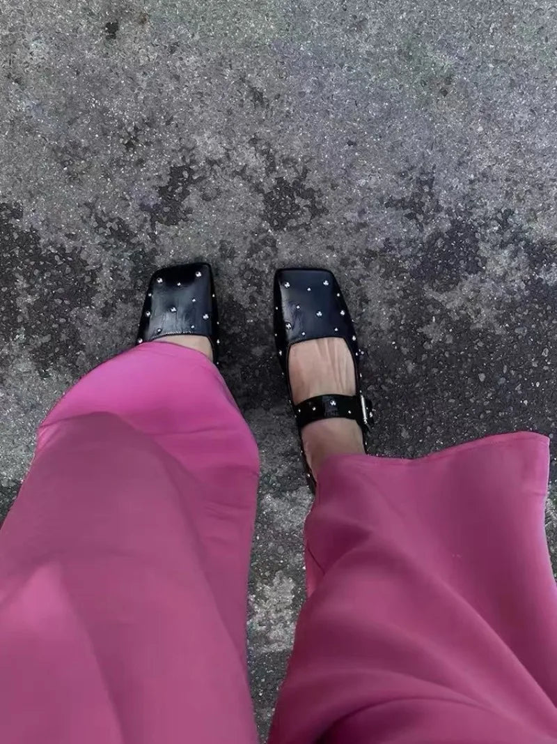 Aiertu  -   Square Toe Red Rivet Mary Jane Shoes Women Elegant Spring Autumn Flats Shoes Ladies Shallow Casual Black Loafers Footwear 2025 Aiertu