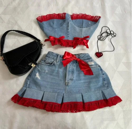 Aiertu  -  Korean Gothic Sexy Hottie Denim Skirt Suit for Women Harajuku Y2k Style High Street Retro Design Cute Mini Skirt Punk Slim Top Aiertu