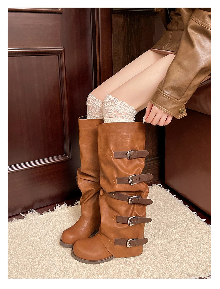 Aiertu    -  Women Knee-high Boots Summer Shoes Woman Knight Boots Woman Designer Buckle Chelsea Long Botas Pu Leather Motorcycle Shoes Aiertu