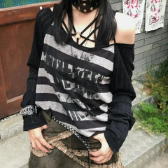 Aiertu  -   Women New Autumn Punk Hip Hop Stripe Graffiti Printed Thin Style Long Sleeves Y2k Fashionable Loose Sunscreen Casual Tops Aiertu